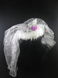 Bride-to-be tiara with glittering purple center, white fur trim, and sheer white veil