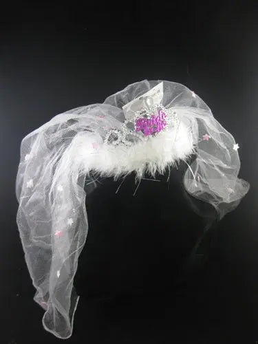 Bride-to-be tiara with glittering purple center, white fur trim, and sheer white veil