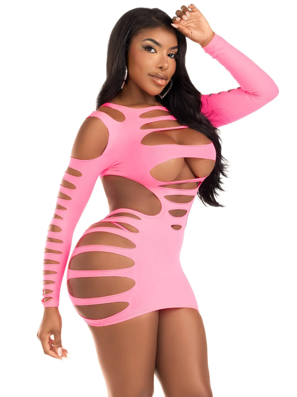 Opaque Shredded Cut Out Mini Dress - One Size - Neon Pink – nylon | Fu'Cha Exotics