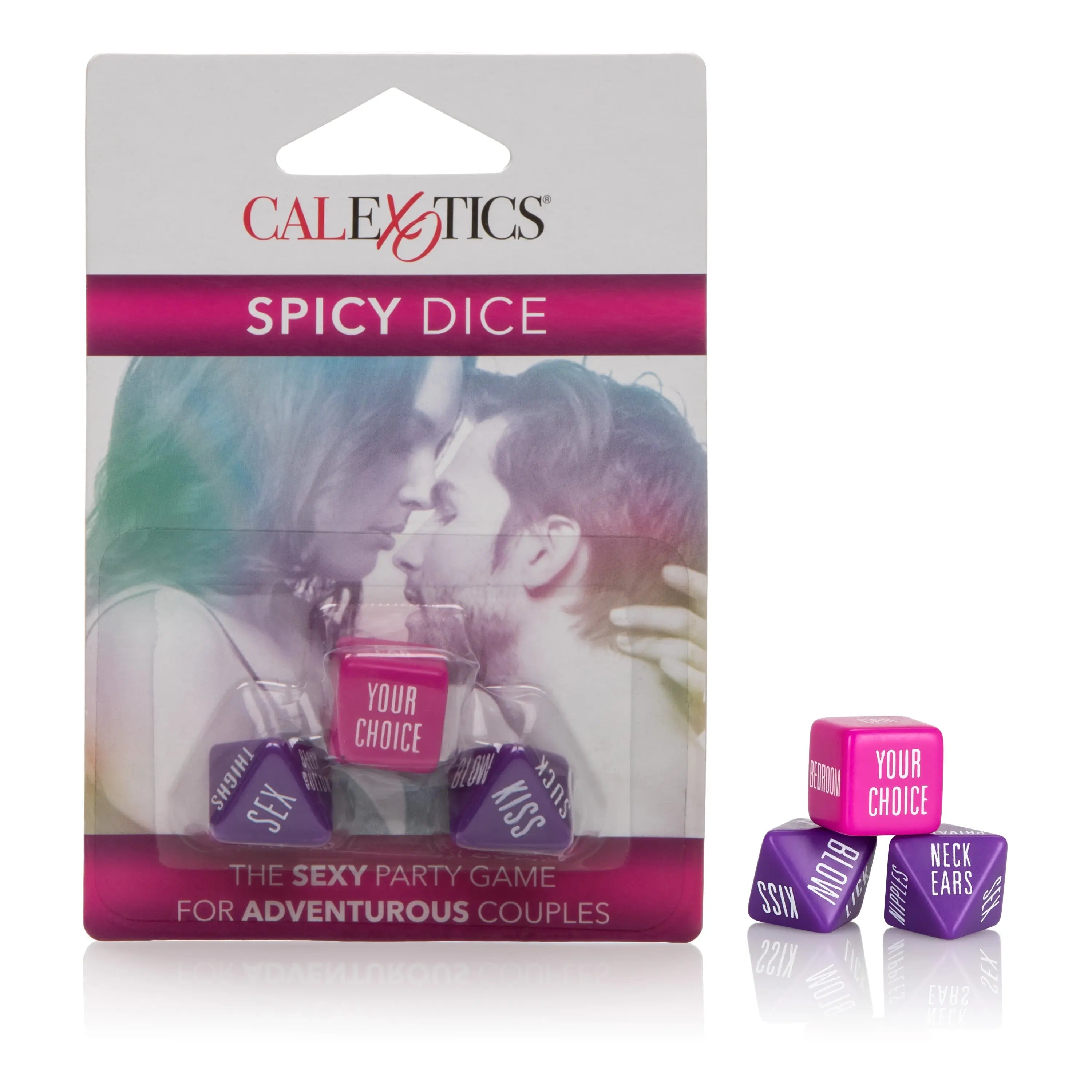 Spicy dice game with purple and pink dice marked "Your Choice"