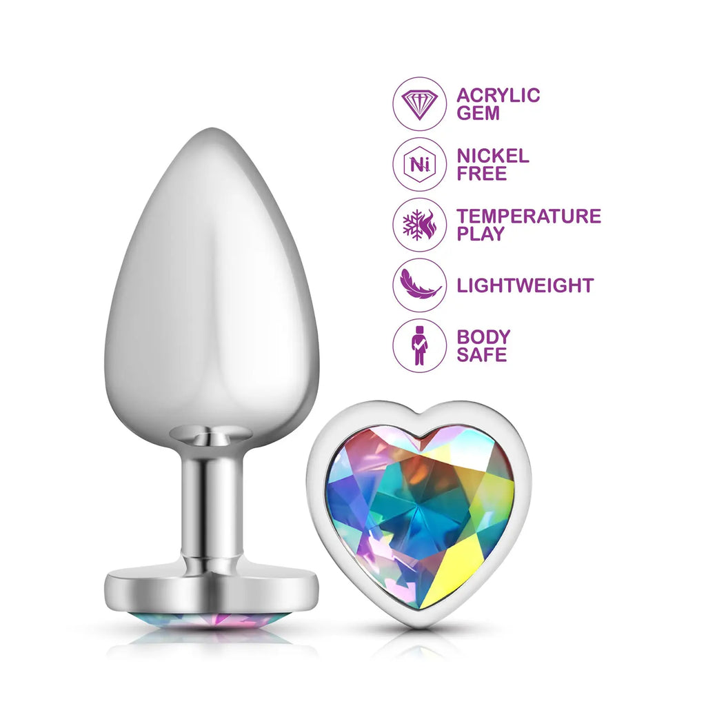 Clear Iridescent Heart Gem Silver Metal Plug - Lg – body-safe materials | Fu'Cha Exotics