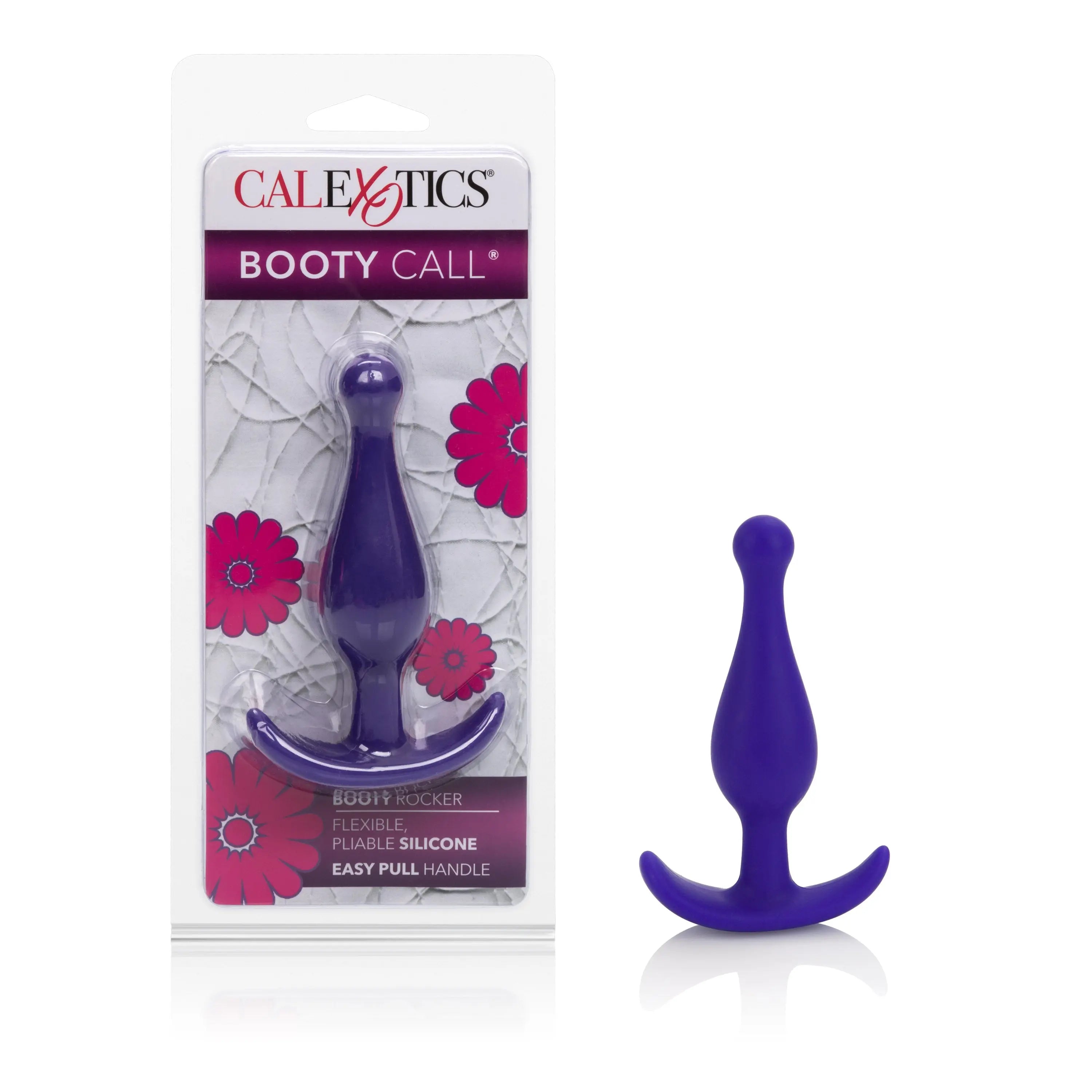 Purple flexible silicone booty rocker anal toy with curved base handle