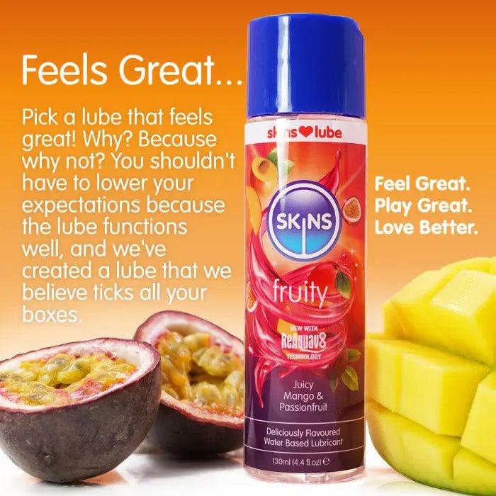 Skins Mango and Passion Fruit Water Based Lubricant 4.4oz – body-safe materials | Fu'Cha Exotics
