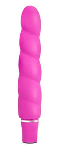 Pink silicone massager with curved, tapered body and flared base