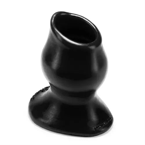 Black silicone butt plug with flared base and rounded tip