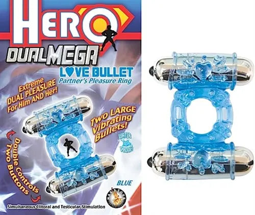Blue dual bullet pleasure ring with two openings and chrome ends