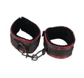 Scandal universal cuffs, black and red patterned, with chain and metal rings