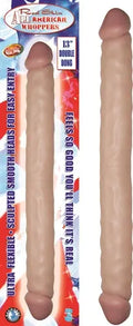 13-inch flesh double-dong dildo, realistic texture, shown on package