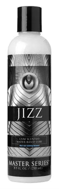 Water-based lubricant bottle, clear with black cap, labeled JIZZ master series, 8.5 fl oz