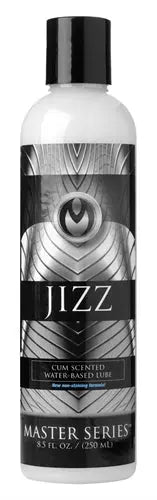 Water-based lubricant bottle, clear with black cap, labeled JIZZ master series, 8.5 fl oz