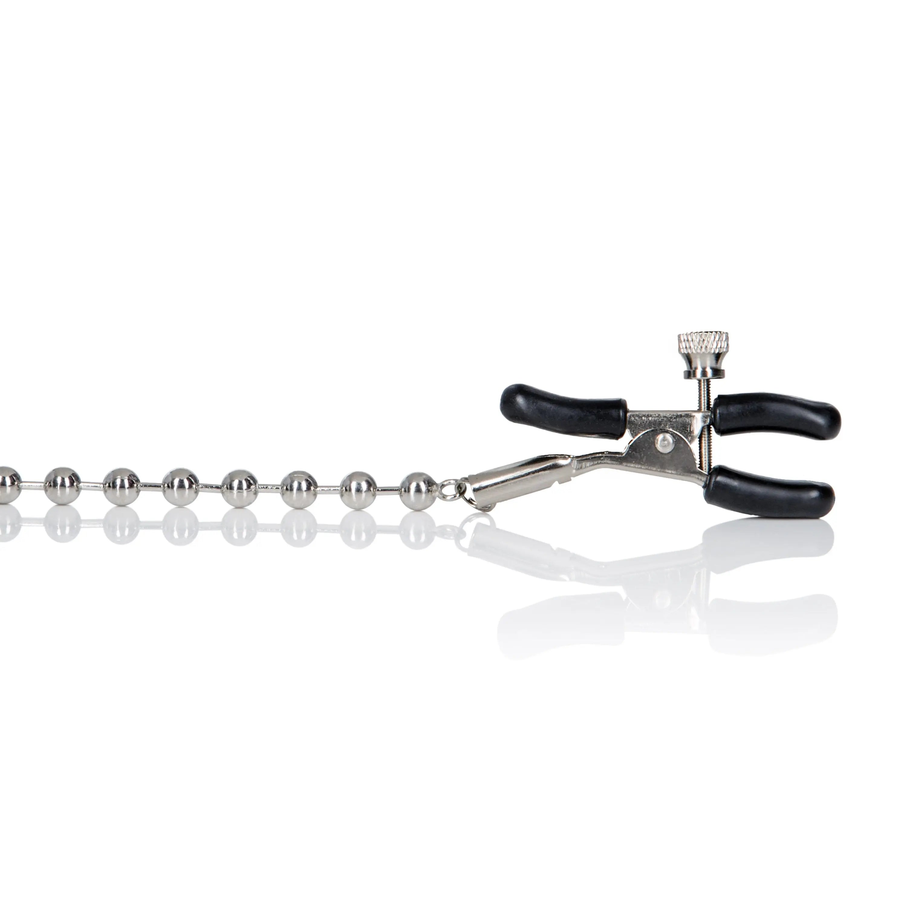 Silver beaded nipple clamp set with black handle grips