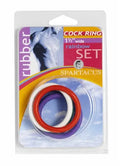 Rainbow rubber cock ring set with C-rings in red, purple, and yellow