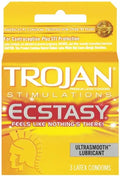 Trojan Ecstasy condom 3-pack box with Ultrasmooth lubrication label and branding