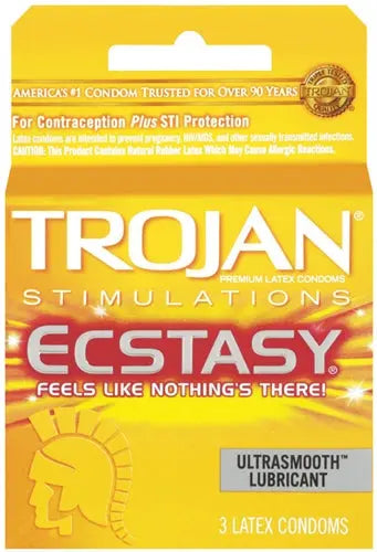 Trojan Ecstasy condom 3-pack box with Ultrasmooth lubrication label and branding