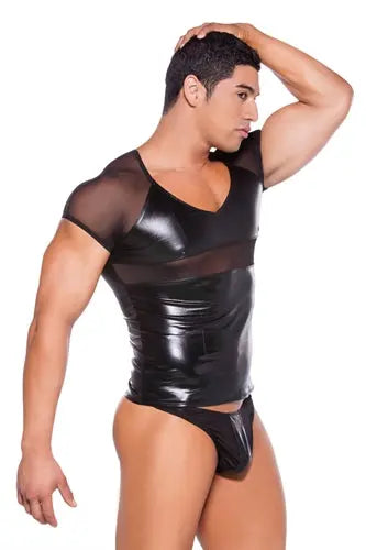 Wet-look black T-shirt with short sleeves and crew neck, shiny vinyl-like finish.