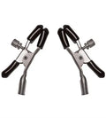 Pair of nipple clips with black pads and silver metal hardware