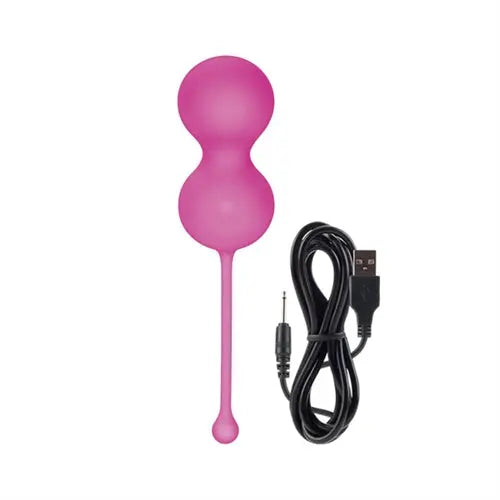 Pink silicone massager with double bulb shape and USB charging cable