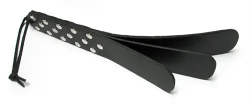 Triple leather slapper with three curved black straps and perforated holes edge