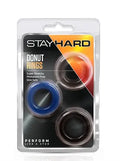 Blister-pack 3-pack donut rings in orange, blue, and black silicone loops