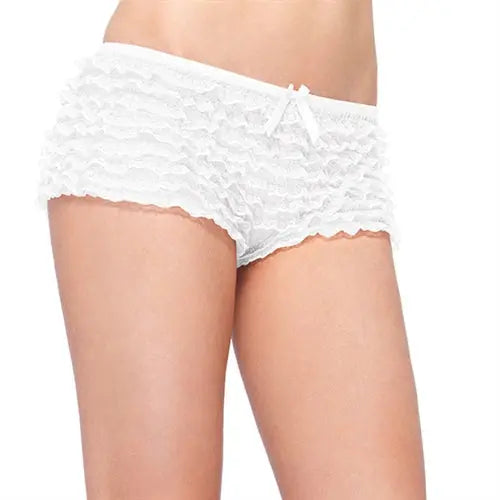 White lace ruffle tanga shorts with scalloped leg openings