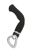 Black silicone vibrator with metallic loop base, power contour twist design