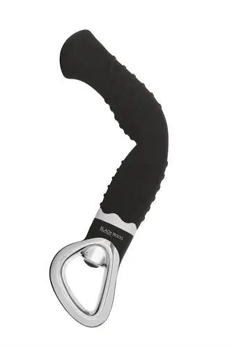Black silicone vibrator with metallic loop base, power contour twist design