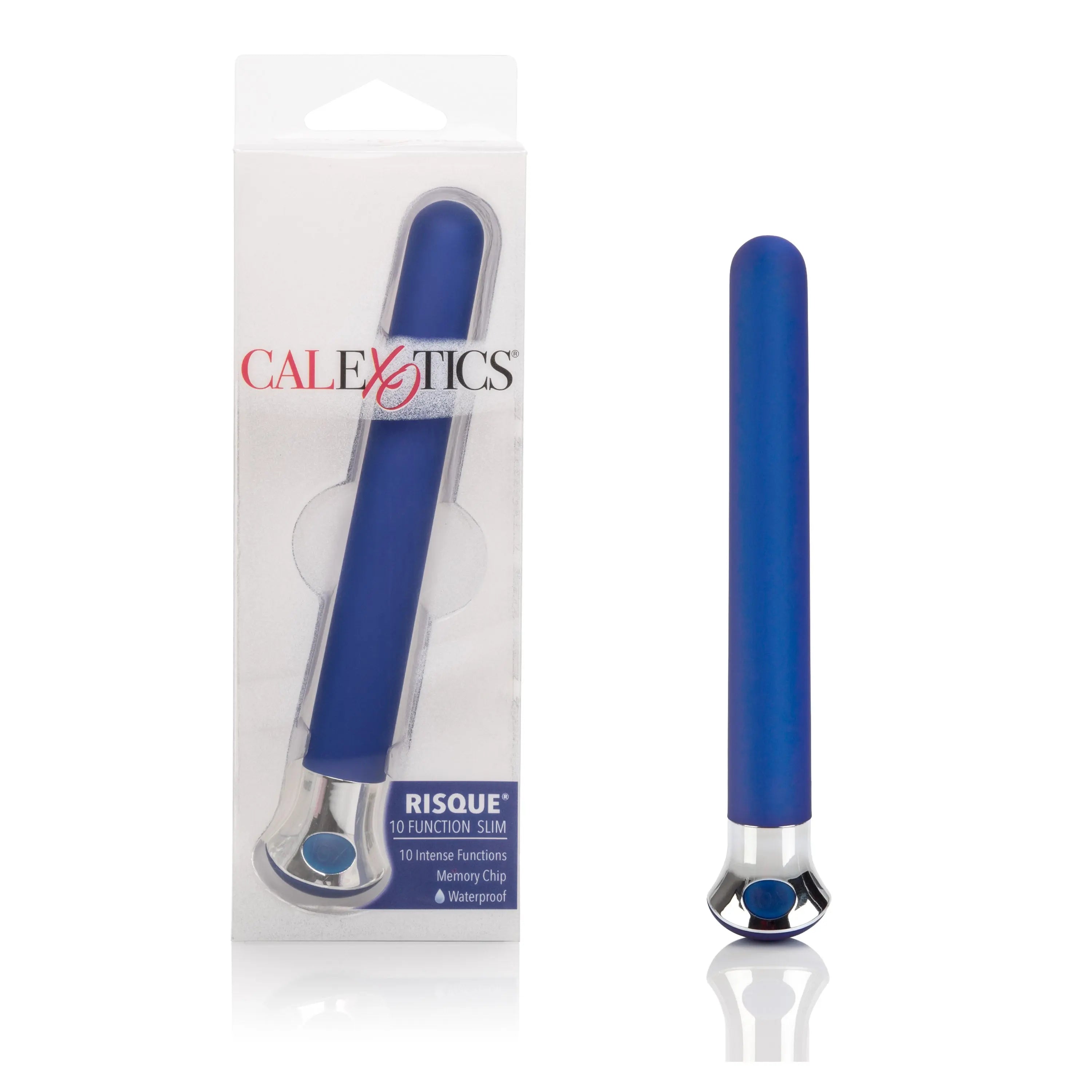 Blue slim 10-function waterproof vibrator with ribbed handle and suction base