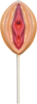 Novelty lollipop with peach outer shell and red-pink center, on a white stick