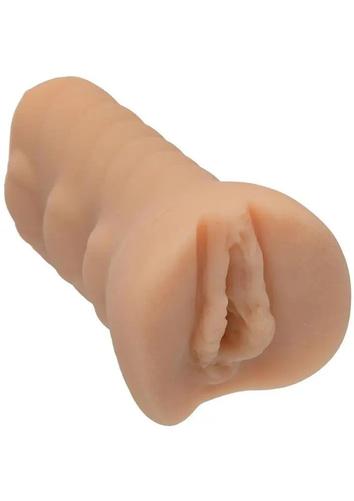 Realistic skin-tone pocket pussy with open tip and curved handle