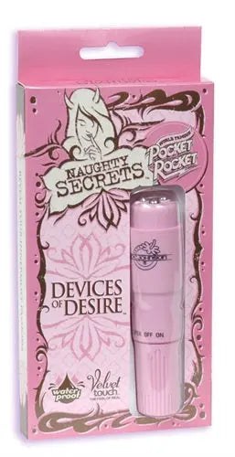 Pink Pocket Rocket handheld device with button, shown in retail packaging
