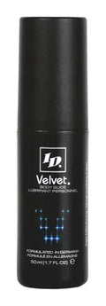 Velvet body glide stick, black with LB logo and blue text, 1.7 oz