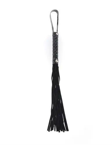 Black cat o' nine tails with metal loop and dangling tassels