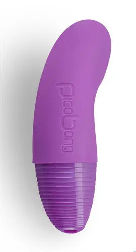 Purple silicone vibe device base with ribbed texture and rounded tip