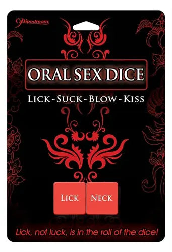 Oral sex dice game box with red text and squares labeled LICK and NECK