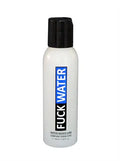 Water-based lubricant bottle with black cap and white label, blue vertical lettering
