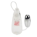 Clear teardrop bullet sex toy with black tip and attached cord