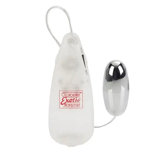 Clear teardrop bullet sex toy with black tip and attached cord