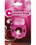 Magenta silicone vibrating pleasure ring with textured studded band and open center