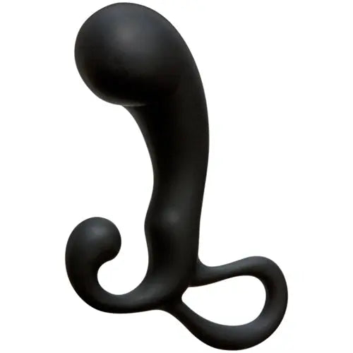 Black curved massage device with rounded handle and small control ball
