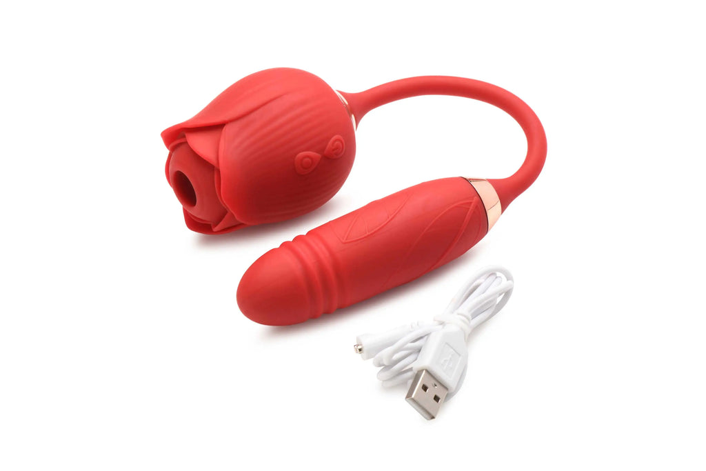 Bloomgasm Romping Rose Suction and Thrusting Vibrator - Red – body-safe silicone 3 vibration modes | Fu'Cha Exotics