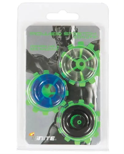 Power Stretch donuts 3-pack with green, blue, and black spinners in blister