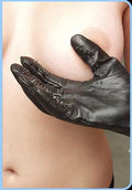 Black leather-look vampire gloves with textured seams and long finger tips