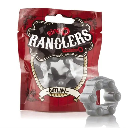 Gray metal finger ring in blister pack, with Ringo Ranglers Outlaw label