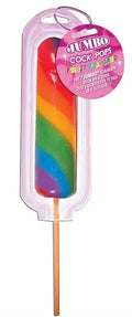 Jumbo rainbow fruit-flavored candy pop on a stick, in rainbow layers.