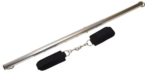 Expandable spreader bar and cuff set with metal bar, black cuffs, and connecting chain