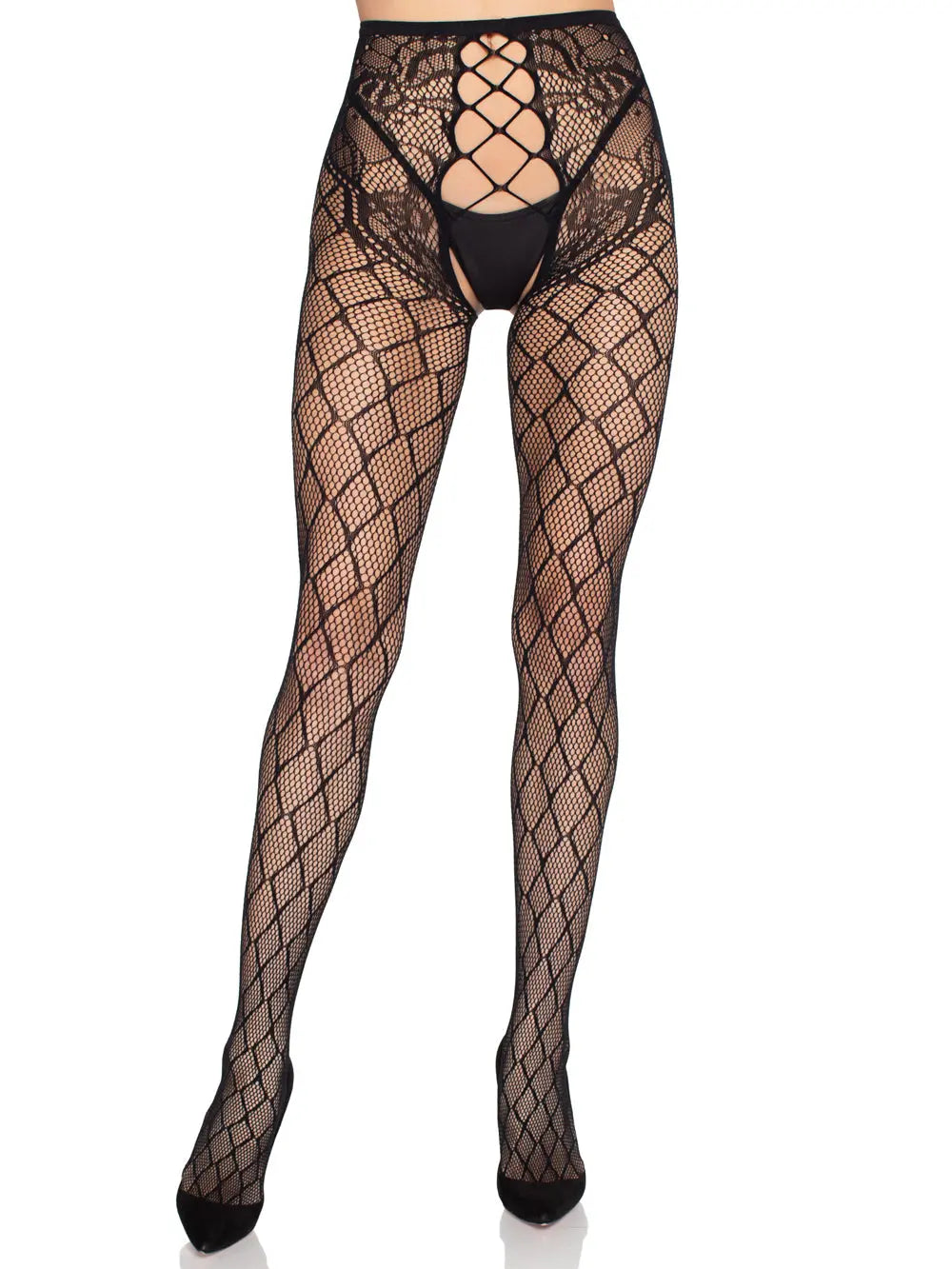 Faux Layer Net Tights With Crotchless Floral Panty - Os - Black – nylon | Fu'Cha Exotics