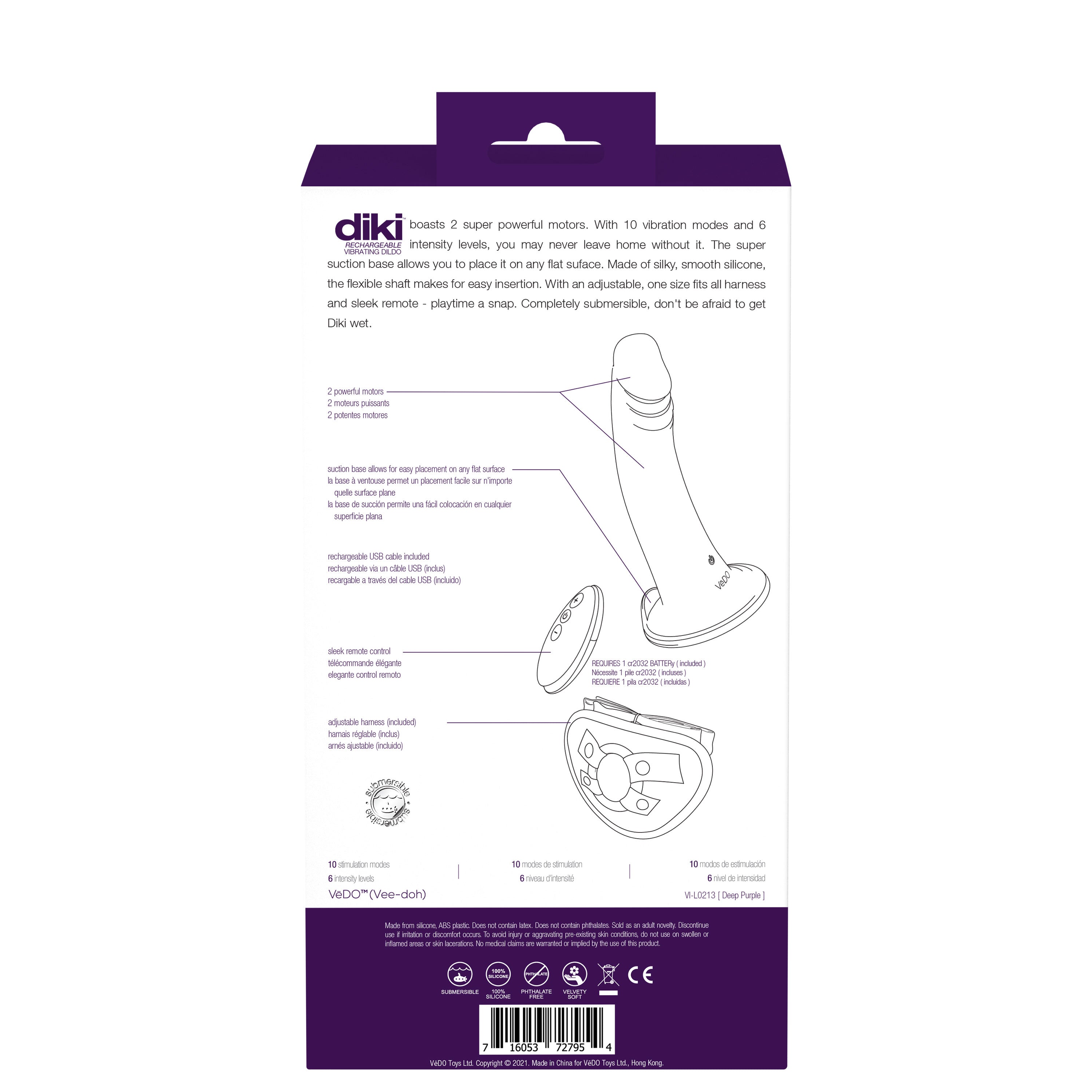Diki Rechargeable Vibrating Dildo With Harness - Deep Purple