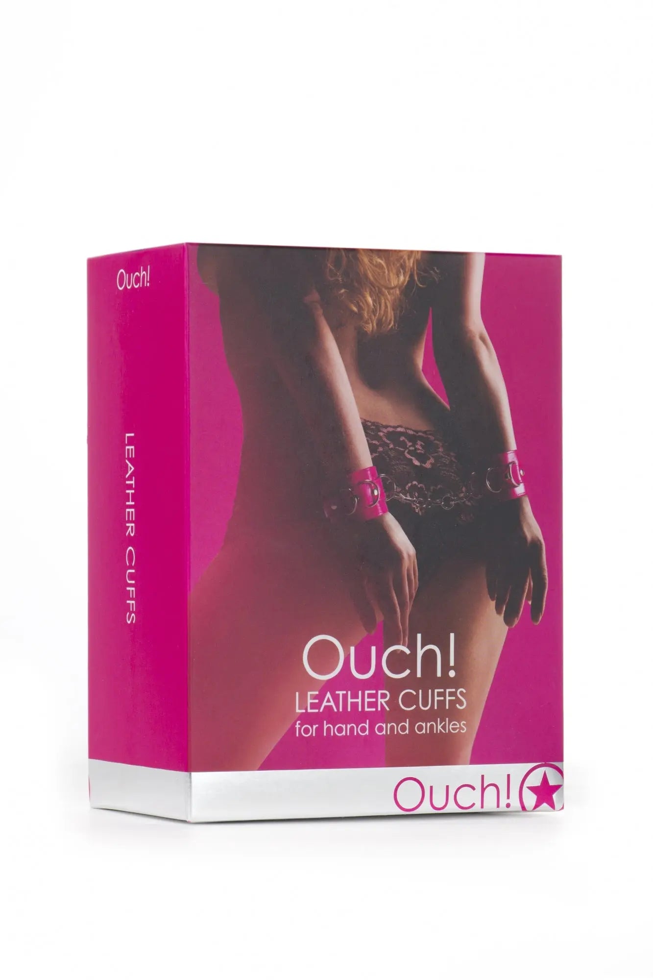Pink leather cuffs for hands and ankles, in retail box