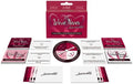We've Never wine accessories coupon set with red and white cards and round insert
