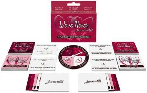 We've Never wine accessories coupon set with red and white cards and round insert